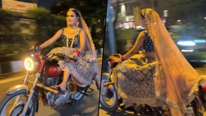Watch: Woman dressed as bride rides bullet to the wedding venue; viral video