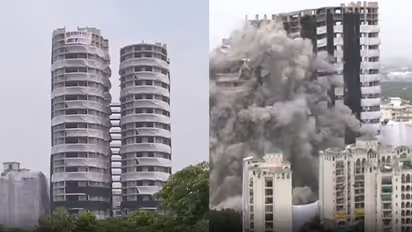 धमाकों के साथ ही पलभर में ढह गया ट्विन टावर, मिट्टी में मिल गए बिल्डर के मंसूबे, देखें वीडियो 