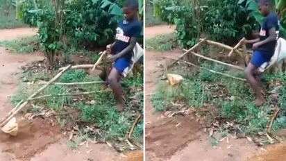 Watch: Boy stuns netizens by creating makeshift bulldozer with wooden sticks