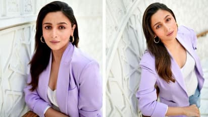 Alia Bhat’s latest addition to her pregnancy wardrobe is lavender blazer, distressed denims