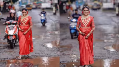 പൊട്ടിപ്പൊളിഞ്ഞ റോഡിൽ വിവാഹ വേഷത്തില്‍ വധു; പ്രതിഷേധ ഫോട്ടോഷൂട്ട് വൈറൽ