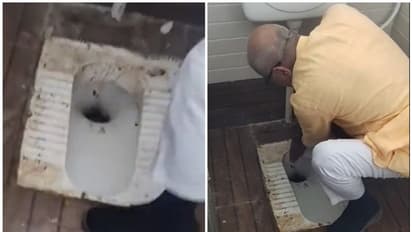 മൂക്ക് പൊത്താതെ കയറാനാവില്ല, പറ്റിപ്പിടിച്ച് അഴുക്ക്; സ്കൂളിലെ കക്കൂസ് വെറും കൈ കൊണ്ട് വൃത്തിയാക്കി എംപി