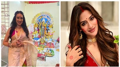 সিঁদুররাঙা ঋতুপর্ণা, সিঁথিতে, গালে সিঁদুর ছুঁইয়ে বিজয়ার শুভেচ্ছায় নুসরত