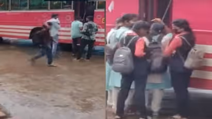 ഒന്ന് ബസിൽ കയറാന് ജീവനക്കാര് അനുവദിക്കണം, മഴയില് നനഞ്ഞൊലിച്ച് കുട്ടികള്; ബസ് 'പൊക്കി' പൊലീസ്