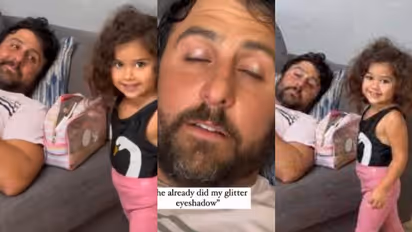 'ഗ്ലിറ്റര്‍ ഐഷാഡോ' എങ്ങനെയുണ്ട്? അച്ഛന് മേക്കപ്പ് ചെയ്യുന്ന കുറുമ്പി; വൈറലായി വീഡിയോ 