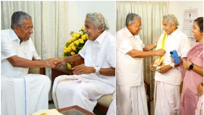 ഉമ്മൻചാണ്ടിയെ കാണാൻ മാത്രം കൊച്ചിയിലെത്തി മുഖ്യമന്ത്രി; അരികിലെത്തി, സ്നേഹം പങ്കുവച്ചു, ഷാളണിയിച്ച് ആശംസ