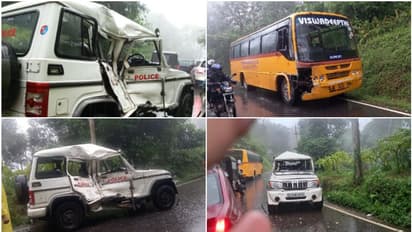 സ്കൂൾ ബസും പൊലീസ് ജീപ്പും വളവിൽ കൂട്ടിയിടിച്ച് അപകടം, 5 പേർക്ക് പരിക്ക്, 2 പേരെ മെഡിക്കൽ കോളേജിലേക്ക് മാറ്റി