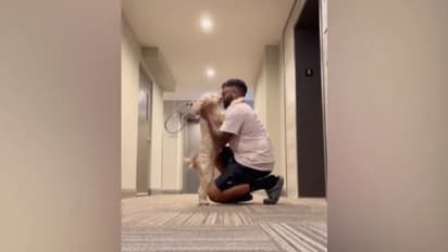 പുറത്തുപോകുന്ന യജമാനനെ ആലിംഗനം ചെയ്യുന്ന നായ; വൈറലായി വീഡിയോ