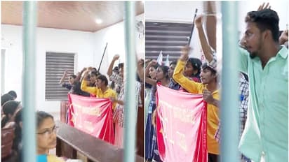 തൃശൂർ കേരളവർമ്മ കോളേജിൽ അധ്യാപകരെ തടഞ്ഞുവച്ച് എസ്എഫ്ഐ സമരം