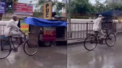 ಸೋನೆ ಮಳೆ ಮಧ್ಯೆ ತಾತನ ಸೈಕಲ್ ಸ್ಟಂಟ್: ಕೈ ಬಿಟ್ಟು ಸೈಕಲ್ ಓಡಿಸುವ ಅಜ್ಜ