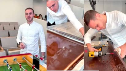 ചോക്ലേറ്റ് കൊണ്ട് 'ടേബിൾ ഫുട്ബോൾ'; വൈറലായി വീഡിയോ