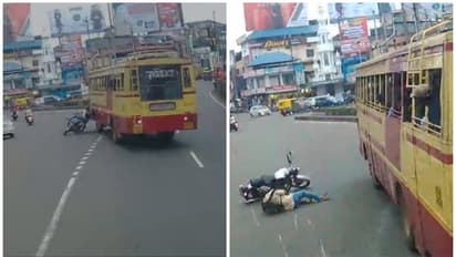 കെഎസ്ആർടിസി ബസ് ബൈക്കിൽ ഇടിച്ചു, ബൈക്ക് യാത്രികൻ രക്ഷപ്പെട്ടത് തലനാരിഴക്ക്  