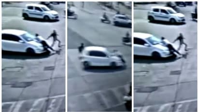 പിഴ ആവശ്യപ്പെട്ട പൊലീസുകാരനെ കാറിന്റെ ബോണറ്റിൽ വെച്ച് 4 കിലോമീറ്റർ ഓടിച്ച് ഡ്രൈവർ; അറസ്റ്റ്, വീഡിയോ