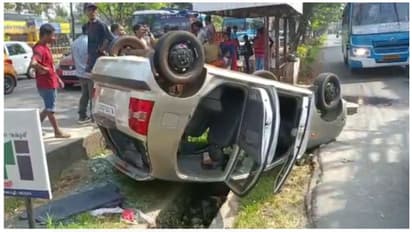 ബൈക്കുകളെയും യാത്രക്കാരെയും ഇടിച്ചു, ദേശീയ പാതയിൽ കാർ നിയന്ത്രണം വിട്ട് തലകീഴായി മറഞ്ഞു