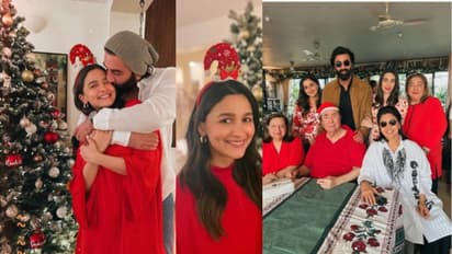 ആലിയ ഭട്ടിന് സ്നേഹ ചുംബനം നല്കി രണ്ബീര്; റെഡ് തീമില് കപൂര് കുടുംബം