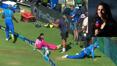 പന്ത് ബൗണ്ടറി കടക്കുന്നത് തടയാന്‍ ശ്രമിച്ച ഫീല്‍ഡര്‍ അവതാരകയെ മറിച്ചിട്ടു; എന്നിട്ടും ലൈവ് തുടര്‍ന്ന് സൈനാബ്