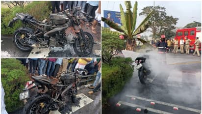 പാളയത്ത് ഷോർട്ട്സർക്യൂട്ടിൽ പൾസർ കത്തി നശിച്ചു; ട്രാഫിക് സിഗ്നലും മറ്റ് വാഹനയാത്രക്കാരും യുവാവിന് രക്ഷയായി