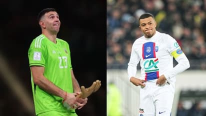 ഗോള്ഡന് ഗ്ലൗവ് നേടിയശേഷം എമിലിയാനോ മാര്ട്ടിനെസ് കാണിച്ച അശ്ലീലച്ചുവയുള്ള ആംഗ്യം അനുകരിച്ച് എംബാപ്പെ-വീഡിയോ