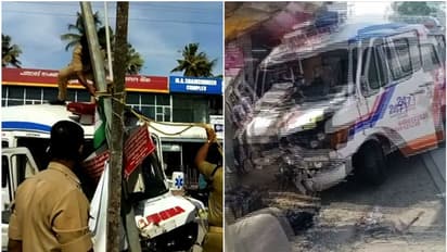 ബൈക്കിൽ ഇടിക്കാതിരിക്കാൻ വെട്ടിച്ചു, കൊടുങ്ങല്ലൂരിൽ ആംബുലൻസ് അപകടം; ഡ്രൈവറെ പുറത്തെടുത്തത് ഡോർ പൊളിച്ച്