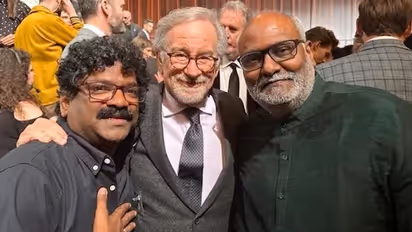 Oscar 2023 nominees luncheon: RRR's MM Keeravaani, Chandrabose pose with Steven Spielberg