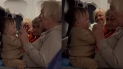 വിമാനത്തിനുള്ളില് നിര്ത്താതെ കരഞ്ഞ് കുരുന്ന്; ചിരിപ്പിക്കാനെത്തി മൂന്ന് മുത്തശ്ശിമാര്; വീഡിയോ