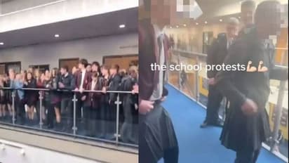 വിദ്യാർത്ഥിനികളുടെ പാവാടയുടെ നീളം പരിശോധിച്ച് പുരുഷാധ്യാപകർ, പ്രതിഷേധം, പാവാട ധരിച്ചെത്തി ആൺകുട്ടികൾ