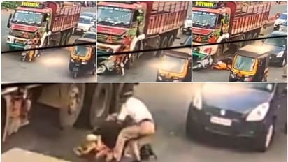 സ്കൂട്ടറിൽ യുവതികൾ, പെട്ടന്ന് വലത്തേക്ക് തിരിഞ്ഞു, ലോറിയിലിടിച്ച് അപകടം; രക്ഷകനായി ട്രാഫിക്ക് പൊലീസുകാരൻ