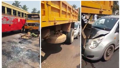 കെഎസ്ആർടിസി ബസ് ടിപ്പർ ലോറിയിലിടിച്ചു, പിന്നാലെ വന്ന കാറും ഇടിച്ചു, നിരവധിപ്പേർക്ക് പരിക്ക്