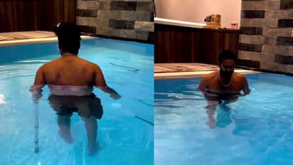 காயம் பட்ட தழும்புகளுடன் தண்ணீருக்குள் வாக்கிங் ஸ்டிக் வச்சு நடைபயிற்சி செய்யும் ரிஷப் பண்ட்!