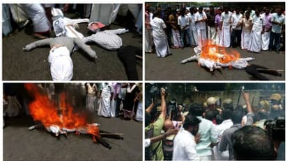 യൂത്ത് കോൺ​ഗ്രസ് പ്രതിഷേധം; മാധ്യമപ്രവർത്തകരുടെ ക്യാമറകൾ തട്ടിമാറ്റി, വാക്കേറ്റം; കോലം കത്തിച്ചു