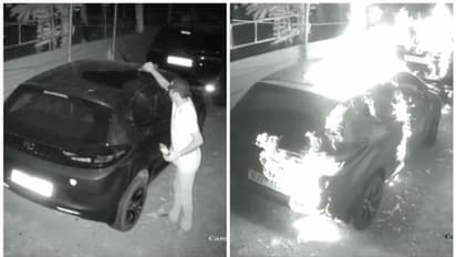 ഇന്ധന കുപ്പിയുമായെത്തി, തലസ്ഥാനത്ത് വീട്ടുമുറ്റത്ത് നിർത്തിയിട്ട കാറുകൾക്ക് തീയിട്ട് അജ്ഞാതൻ, സിസിടിവി ദൃശ്യം