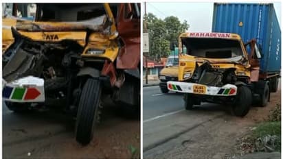 ദേശീയപാതയിൽ ട്രെയിലർ ലോറി നിയന്ത്രണംവിട്ട് മീഡിയനിൽ ഇടിച്ച് മറിഞ്ഞു, ഡ്രൈവർക്ക് പരിക്ക്