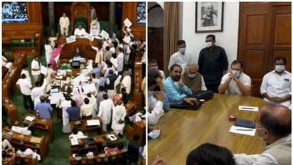 പാർലമെന്റ് സ്തംഭിപ്പിച്ച് പ്രതിപക്ഷം, പ്ലക്കാർഡുകളുമായി നടുത്തളത്തിൽ; അയോഗ്യത ഭീഷണിക്കിടെ രാഹുൽ സഭയിൽ