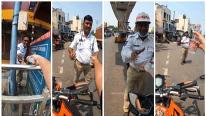 പൊള്ളുന്ന വെയിലില്‍ ജോലി ചെയ്യുന്ന ട്രാഫിക് പോലീസുകാര്‍ക്ക് വെള്ളം നല്‍കുന്ന ബൈക്കര്‍; കൈയടിച്ച് കാഴ്ചക്കാര്‌