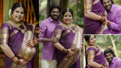 വയലറ്റ് സാരിയില് സുന്ദരി, വളകാപ്പ് ആഘോഷമാക്കി സ്നേഹ; ചിത്രങ്ങള് വൈറല്