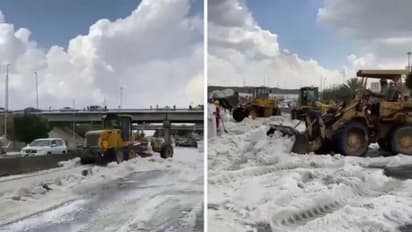 സൗദിയിലെ തായിഫിൽ റോഡുകളെ വെള്ളപുതച്ച് ആലിപ്പഴ വർഷം; മഞ്ഞുകട്ടകൾ അടിഞ്ഞ് ഗതാഗതം തടസപ്പെട്ടു