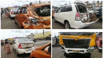 ഡ്രൈവർ ഉറങ്ങിപ്പോയി, ടോറസ് ഇടിച്ചത് സിഗ്നൽ കാത്ത് നിന്ന വാഹനങ്ങളിൽ, കൂട്ടയിടി; എട്ട്  വാഹനങ്ങൾ തകർന്നു  