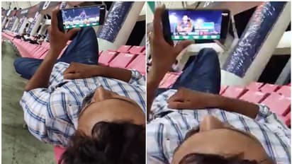 കാശ് കൊടുത്ത് ടിക്കറ്റ് വാങ്ങി, വിശാലമായി സ്റ്റേഡിയത്തിൽ കിടന്ന് ജിയോ സിനിമയിൽ കളി കാണുന്ന യുവാവ്, വീഡിയോ