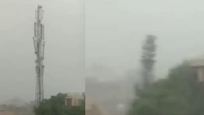 ఈదురు గాలుల బీభత్సం.. అమాంతం నేలకూలిన మొబైల్ టవర్.. ఎక్కడంటే ? (వీడియో)