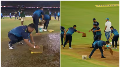 കണ്ടം ക്രിക്കറ്റില്‍ കാണും ഇതിനേക്കാള്‍ സൗകര്യം! നരേന്ദ്ര മോദി സ്‌റ്റേഡിയത്തില്‍ പിച്ച് ഉണക്കാന്‍ സ്‌പോഞ്ച്