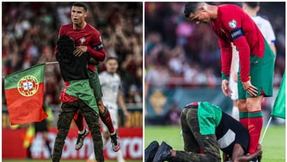 മത്സരത്തിനിടെ ക്രിസ്റ്റ്യാനോയെ എടുത്തുയര്ത്തി, കാലില് തൊട്ട് ആരാധകന്; പിന്നാലെ സിയൂ ഗോള് ആഘോഷം! വീഡിയോ