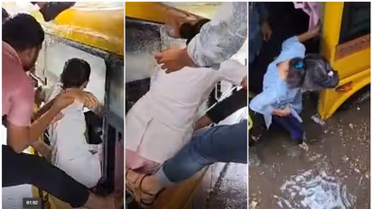 കനത്ത മഴയും വെള്ളക്കെട്ടും, വഴിയിൽ കുടുങ്ങി കോളജ് ബസ്; വിദ്യാര്ത്ഥികളെ രക്ഷിച്ചത് എമർജൻസി വിൻഡോ വഴി, വീഡിയോ