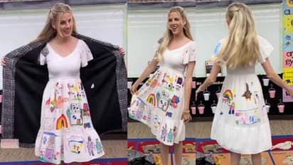  കുട്ടികള്‍ വരച്ചു മനോഹരമാക്കിയ ഡ്രസില്‍ അധ്യാപികയുടെ സർപ്രൈസ്; വീഡിയോ വൈറല്‍