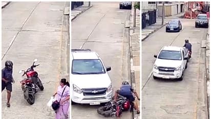 വഴിയാത്രക്കാരിയെ കൊള്ളയടിക്കാനെത്തിയ കള്ളനെ ഓടിച്ചിട്ട് ഇടിക്കുന്ന കാറിന്റെ വീഡിയോ വൈറല് !