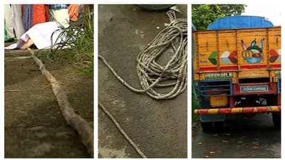 ‍ഡ്രൈവർ അപകടം അറിഞ്ഞത് കടയിൽ ലോറി നിർത്തിയപ്പോൾ, കയർ തിരയാനിറങ്ങി; ബൈക്കിലും കുടുങ്ങി ദമ്പതികൾക്ക് പരിക്ക്