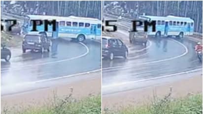തലയിൽ കൈവച്ച് പോകും! വളവിൽ റോഡിലൂടെ തെന്നി നീങ്ങുന്ന ബസ്, നെഞ്ചിടിപ്പ് നിന്ന് പോകും കാഴ്ച; നാട്ടുകാ‍ർ ഭീതിയിൽ