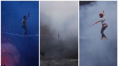 പൊട്ടിത്തെറിക്കുന്ന അഗ്നിപര്വ്വതത്തിന് മുകളിലൂടെ നടന്ന് ലോക റെക്കാര്ഡ്; വൈറല് വീഡിയോ കാണാം