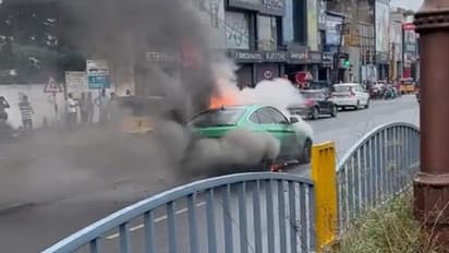 WATCH: Fire engulfs luxury BMW car on busy Chennai road; dramatic video goes viral