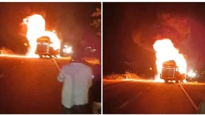 பயணிகளோடு சென்னை வந்த ஆம்னி பேருந்தில் பற்றி எரிந்த தீ... அலறி அடித்து ஓடிய பயணிகள்- காவலர் உயிர் இழப்பு