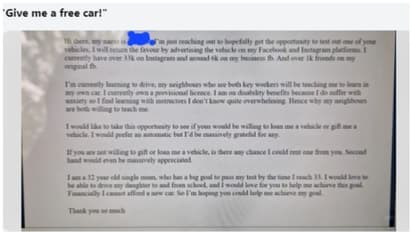 സാമൂഹിക മാധ്യമത്തില്‍ പരസ്യം നൽകാം, പക്ഷേ സൗജന്യമായി കാർ നൽകണമെന്ന് ആവശ്യപ്പെട്ട് യുവതി !